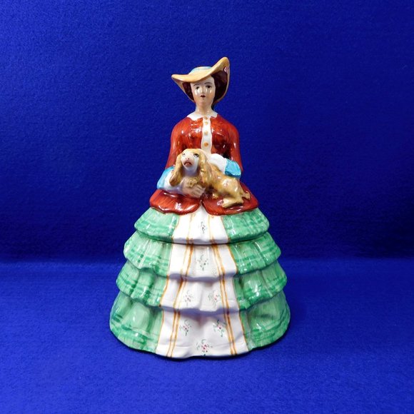 Antique Old Staffordshire Ware Lady with Spaniel Dog Box Powder Biscuit Tobacco